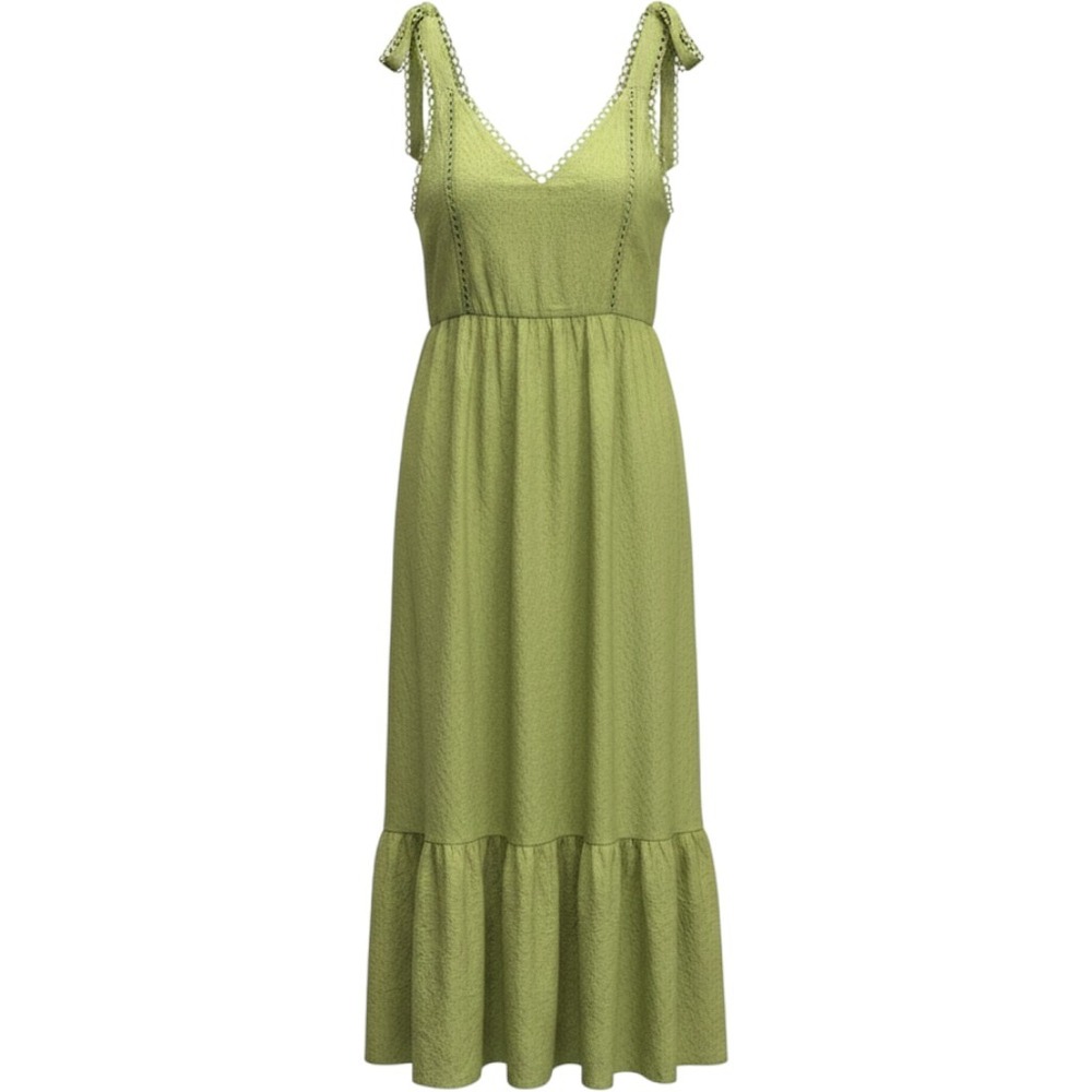 Romantic Green Eyelet Lace Tie Shoulder Tiered Maxi Midi Dress 2X Cottage Femin.